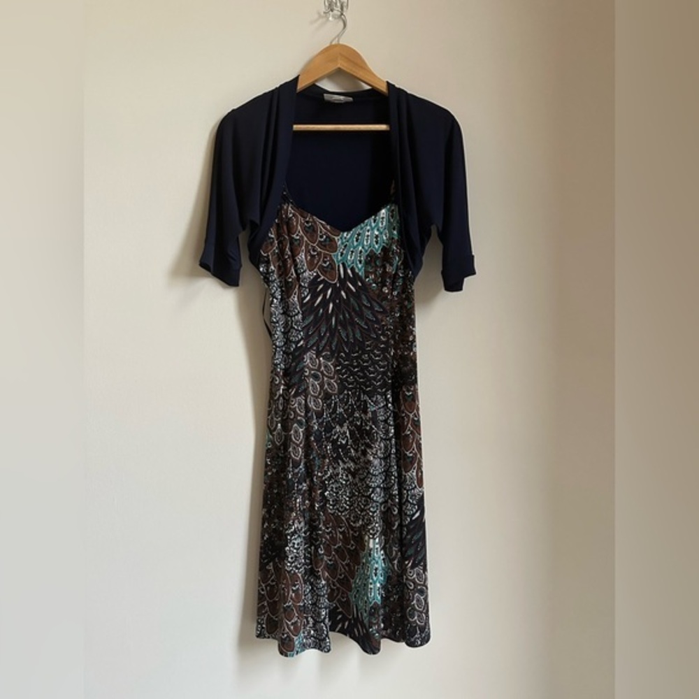 Dress Barn Blue/Brown Dress with Shoulder Cover Size 4